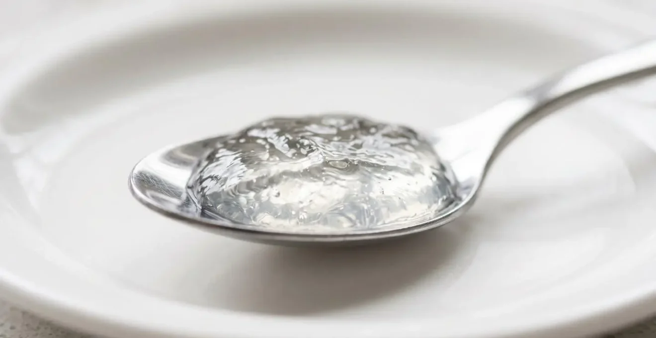 Cuillère tenant une gelée transparente à base d'agar-agar, texture brillante et ferme, fond neutre minimaliste
