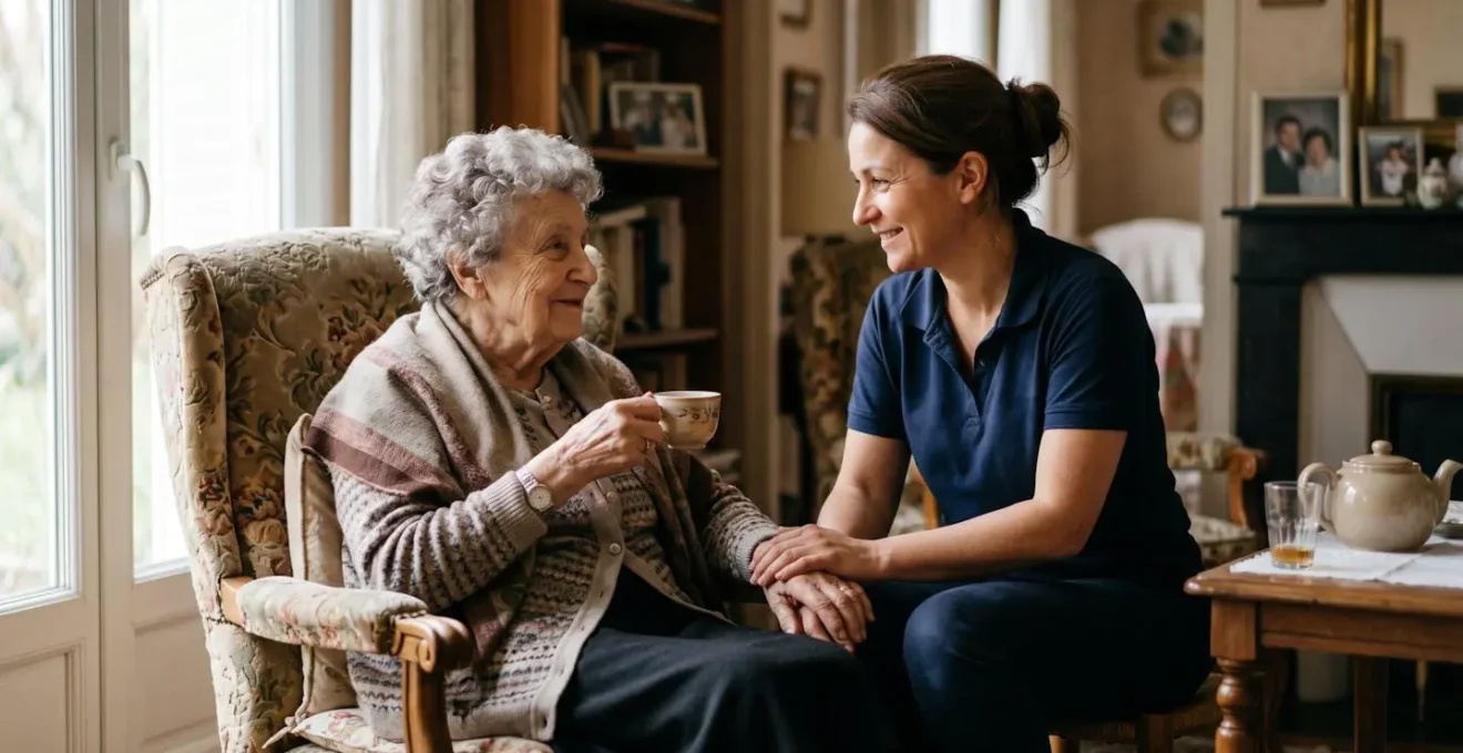 Aidante à domicile et personne âgée dans un moment de confiance et de respect mutuel