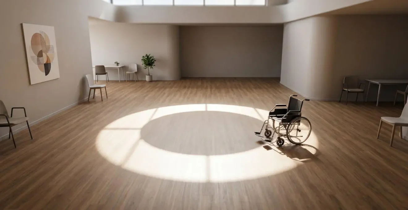 Vue aérienne d'une pièce montrant l'espace circulaire nécessaire pour effectuer un demi-tour en fauteuil roulant