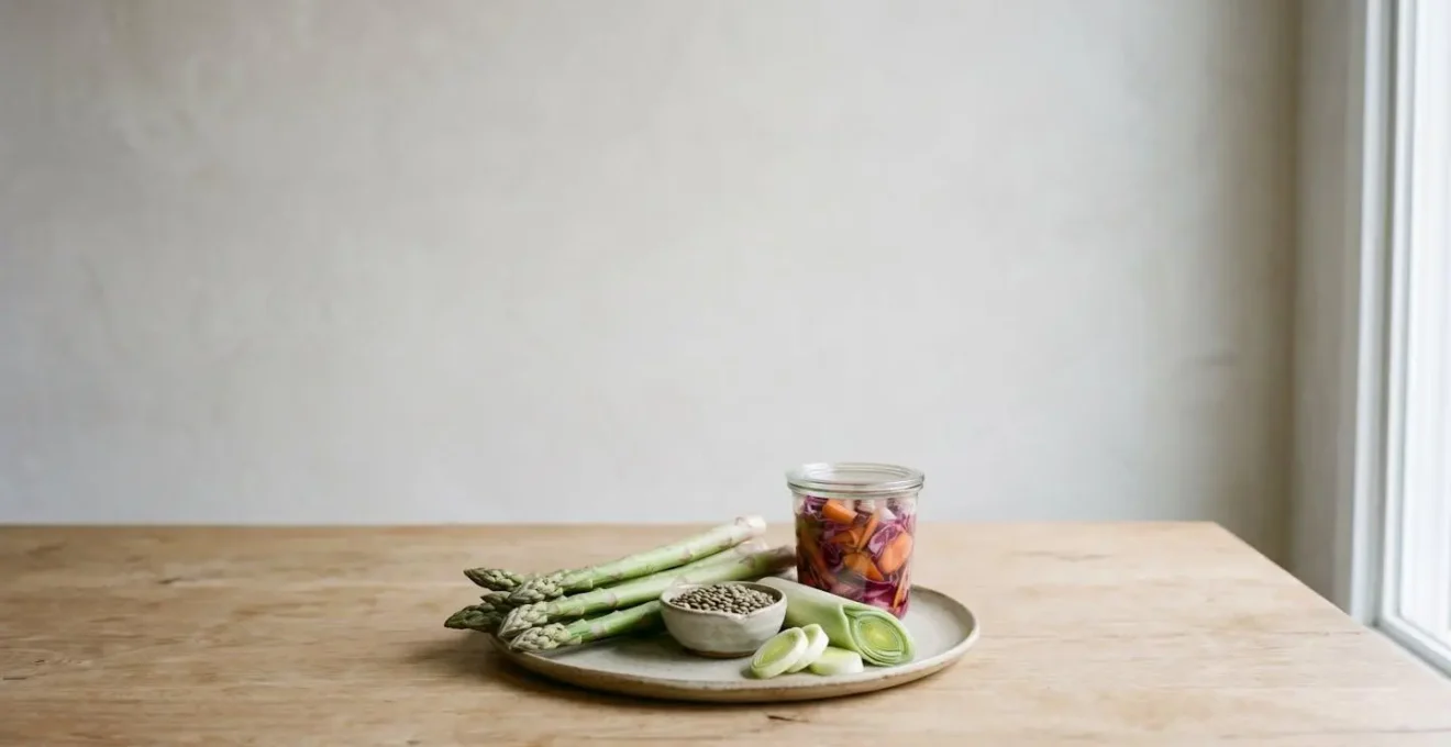 Scène minimaliste présentant des aliments riches en fibres prébiotiques comme les asperges, poireaux et légumineuses dans un environnement naturel et épuré
