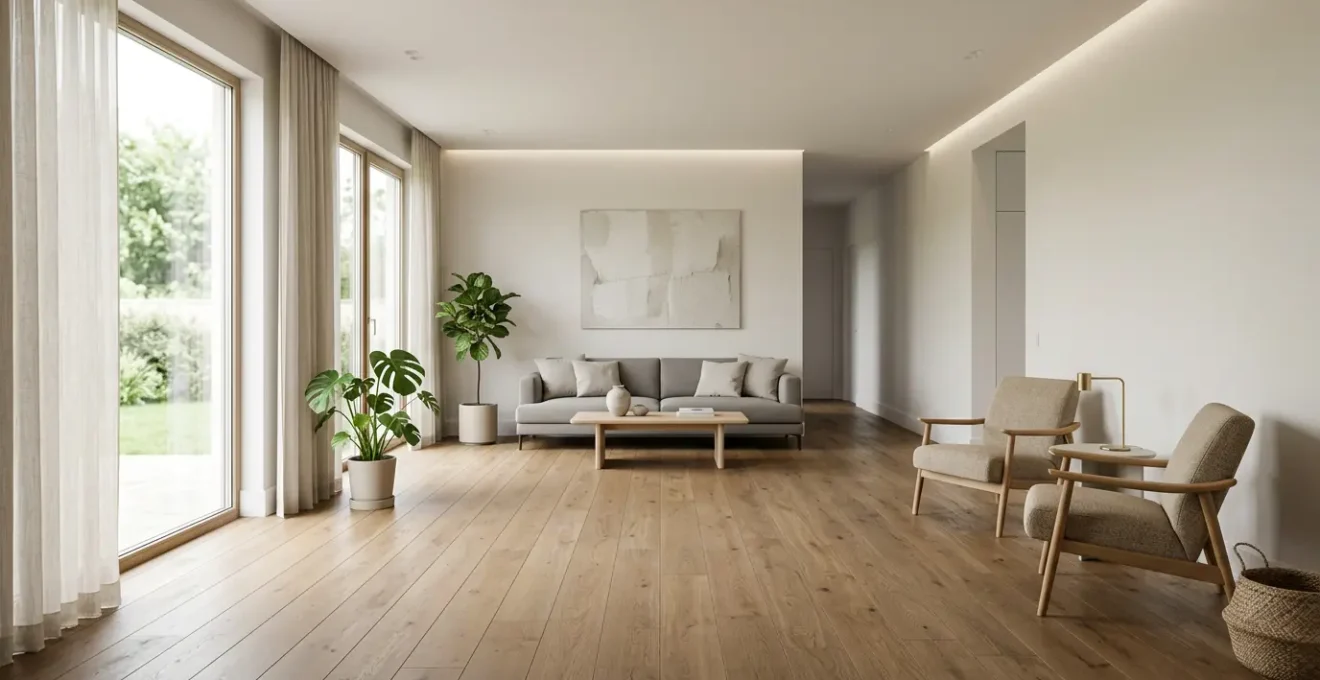 Vue d'ensemble d'un salon lumineux et dégagé avec meubles positionnés pour maximiser l'espace de circulation