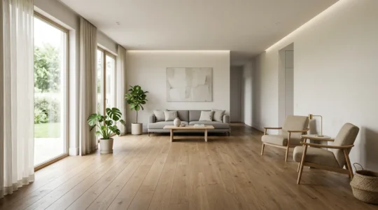 Vue d'ensemble d'un salon lumineux et dégagé avec meubles positionnés pour maximiser l'espace de circulation