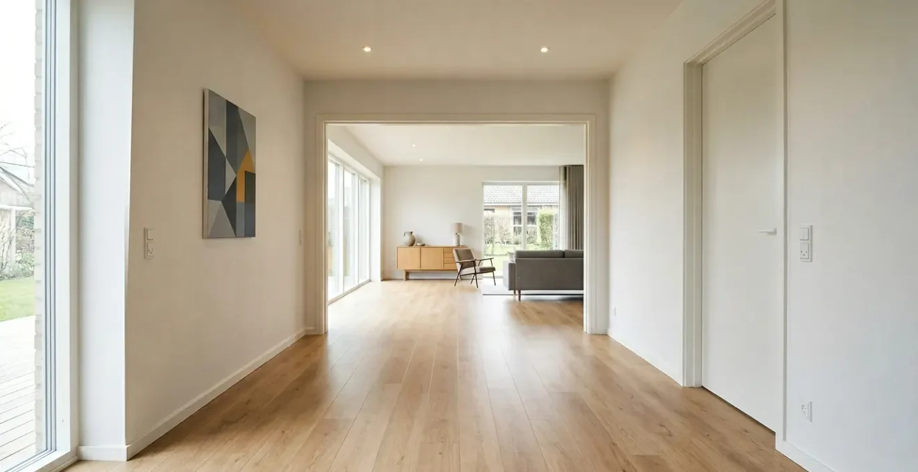 Intérieur de maison moderne avec couloirs larges et espaces dégagés optimisés pour la circulation en fauteuil roulant