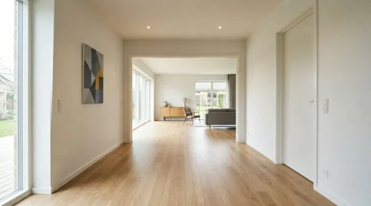 Intérieur de maison moderne avec couloirs larges et espaces dégagés optimisés pour la circulation en fauteuil roulant
