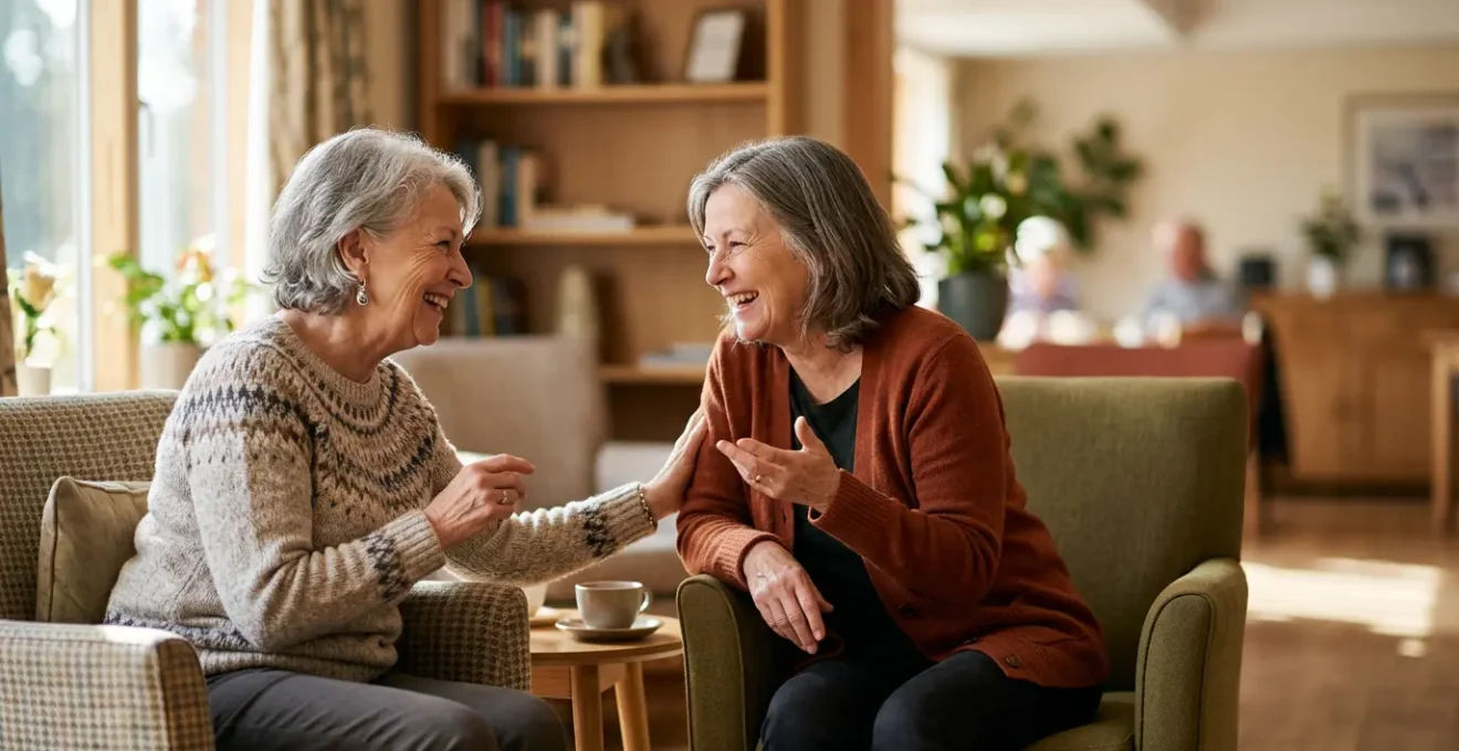 Deux amis seniors discutant ensemble dans un espace convivial, illustrant le lien social intergénérationnel