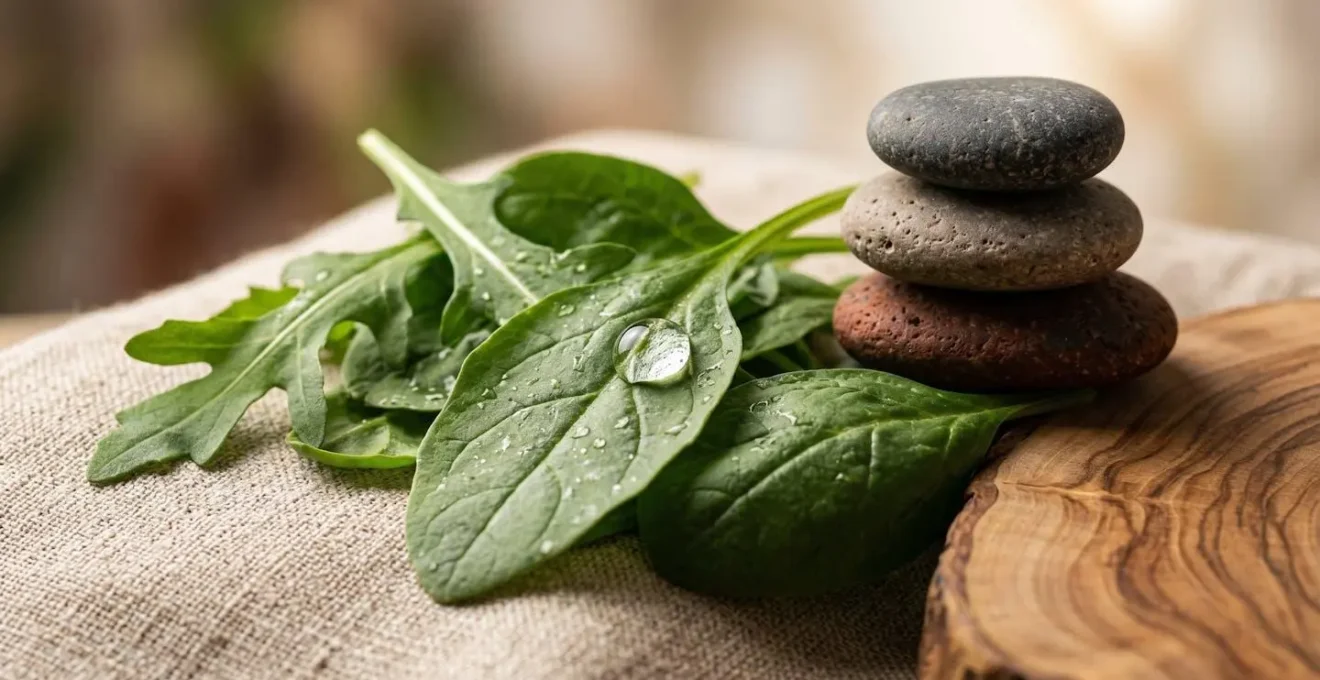 Éléments naturels symbolisant l'approche holistique du bien-être : nutrition, mouvement et pleine conscience