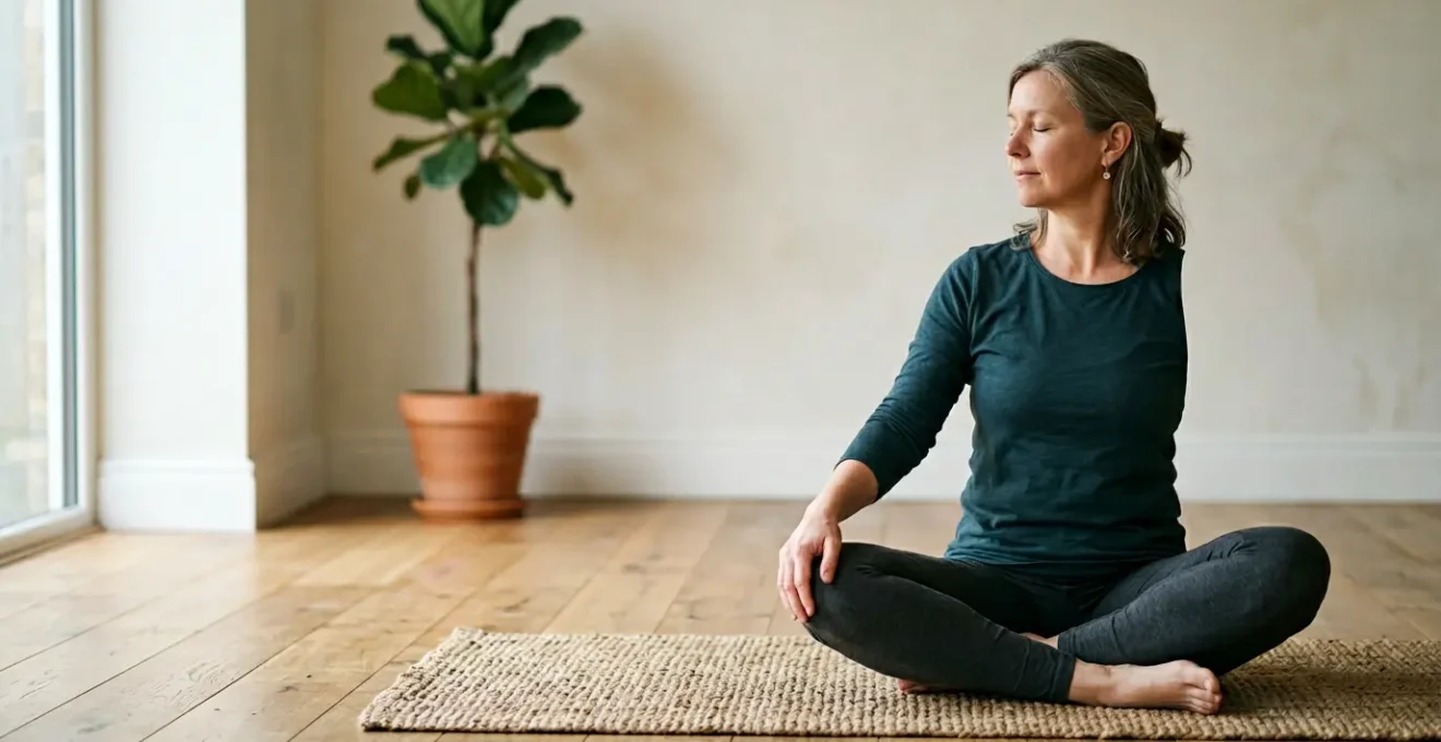 Personne pratiquant une posture de yoga douce dans un espace minimaliste baigné de lumière naturelle