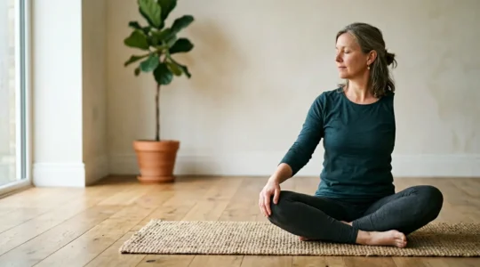 Personne pratiquant une posture de yoga douce dans un espace minimaliste baigné de lumière naturelle