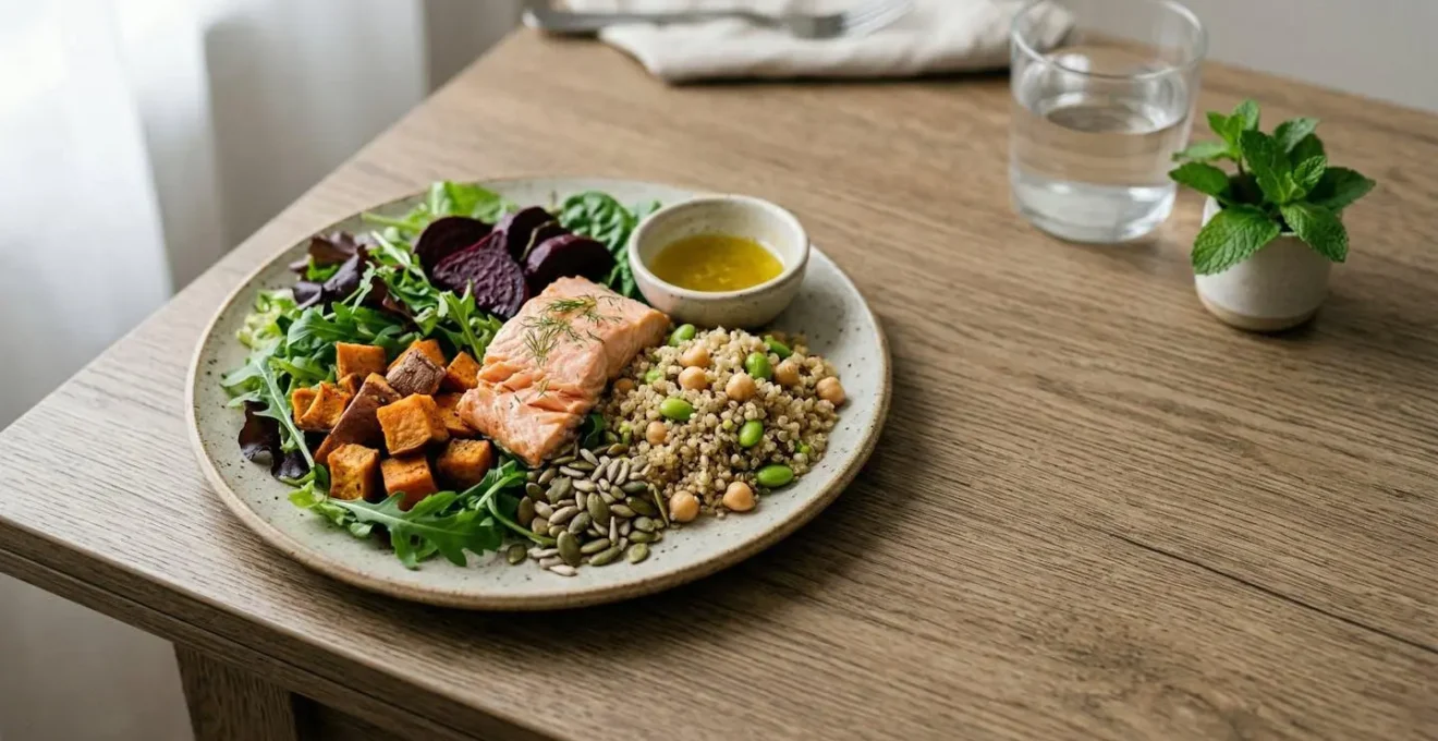 Composition culinaire équilibrée présentant une assiette riche en nutriments essentiels avec légumes colorés, protéines et aliments frais dans un environnement lumineux