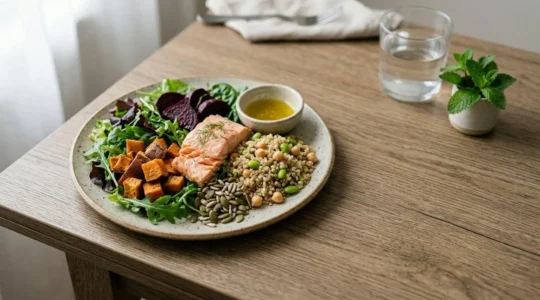 Composition culinaire équilibrée présentant une assiette riche en nutriments essentiels avec légumes colorés, protéines et aliments frais dans un environnement lumineux