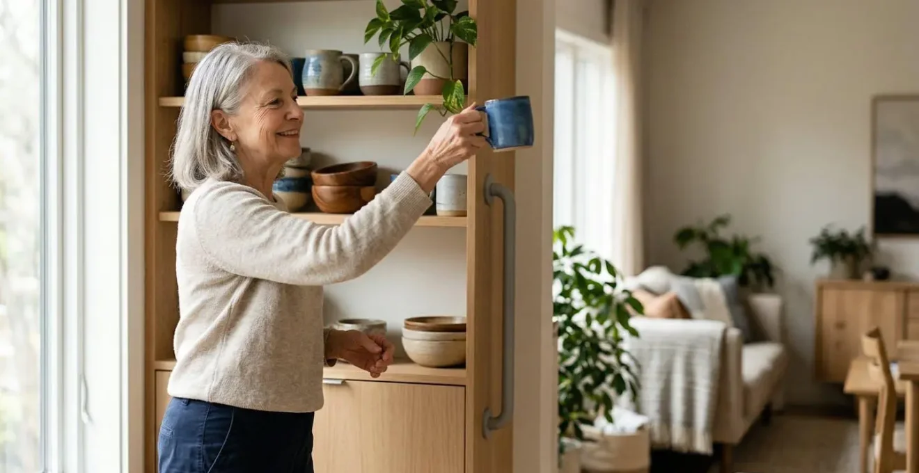 Personne âgée active pratiquant des exercices quotidiens à domicile dans un intérieur lumineux et adapté