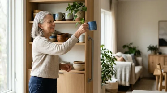 Personne âgée active pratiquant des exercices quotidiens à domicile dans un intérieur lumineux et adapté