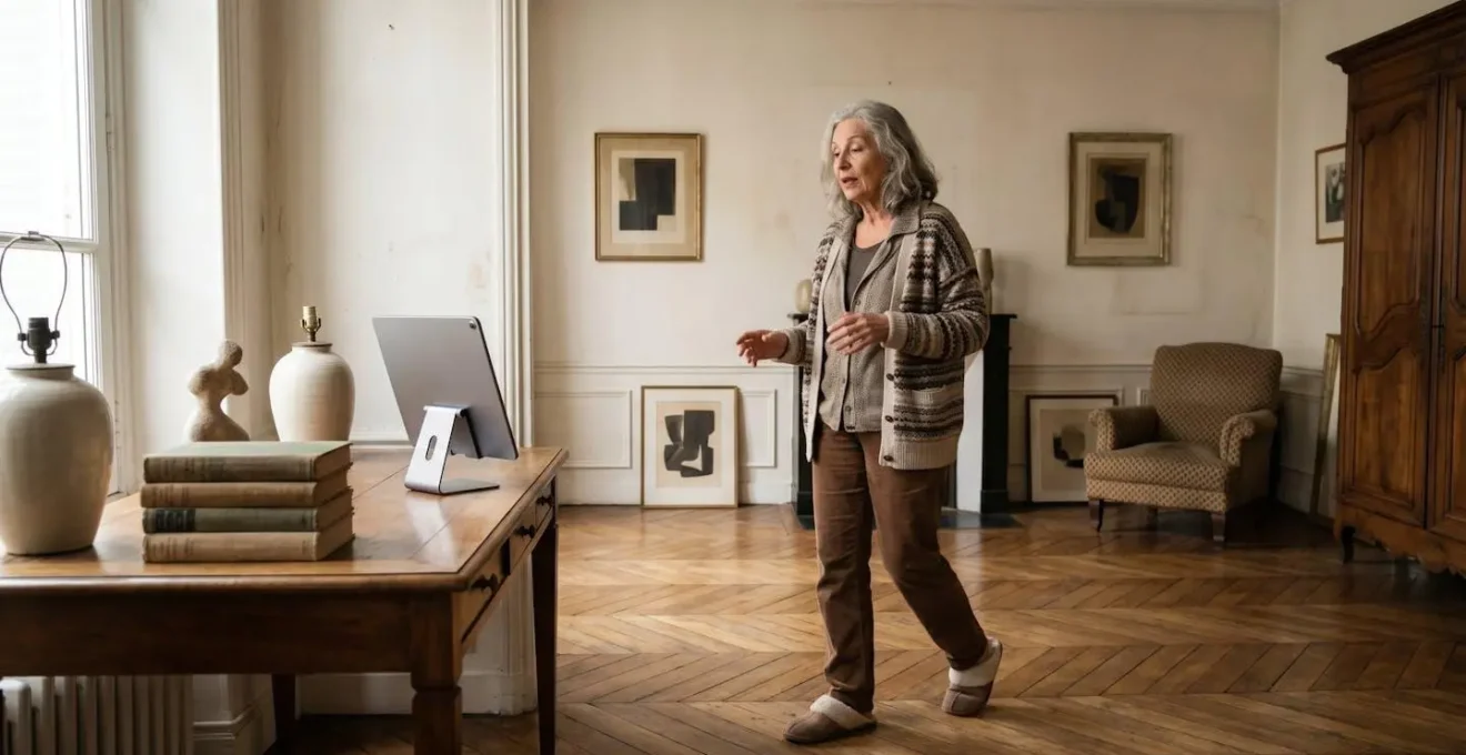 Dispositif de visioconférence avec caméra suivant naturellement les mouvements dans un intérieur français chaleureux