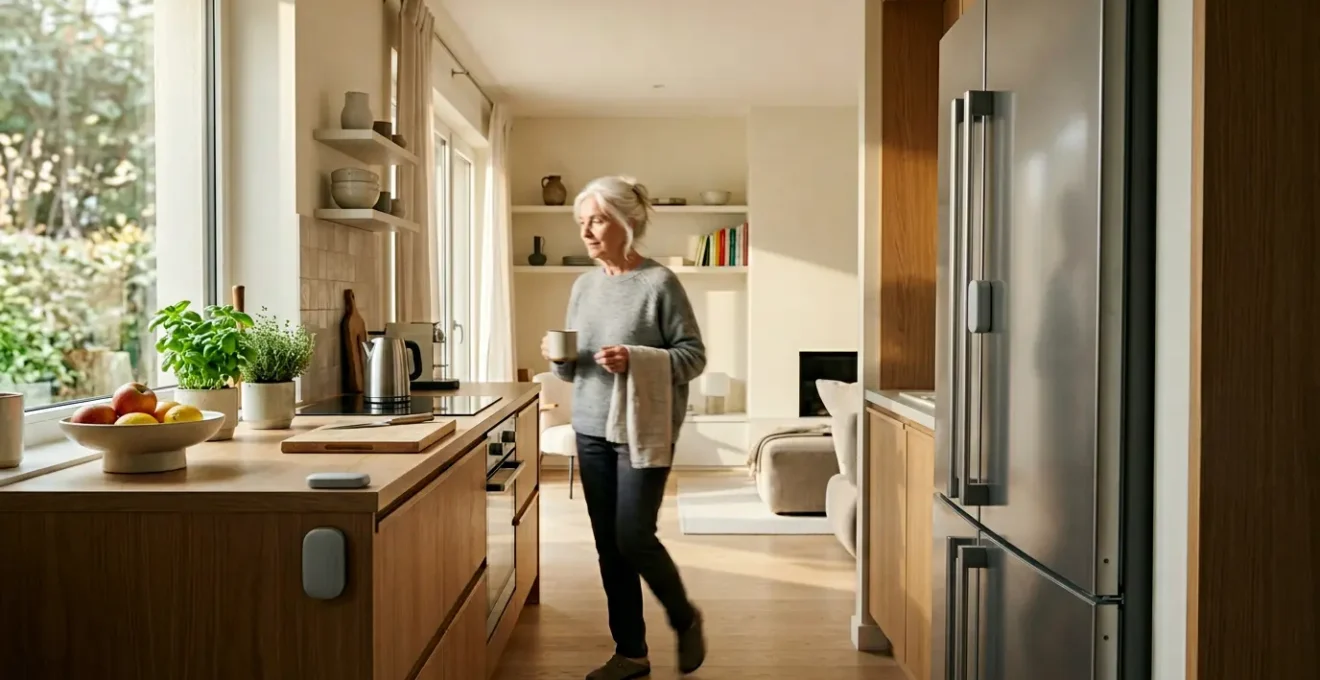 Environnement domestique moderne avec capteurs IoT discrets surveillant une personne âgée dans son quotidien sans intrusion visuelle