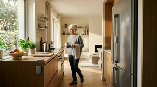 Environnement domestique moderne avec capteurs IoT discrets surveillant une personne âgée dans son quotidien sans intrusion visuelle