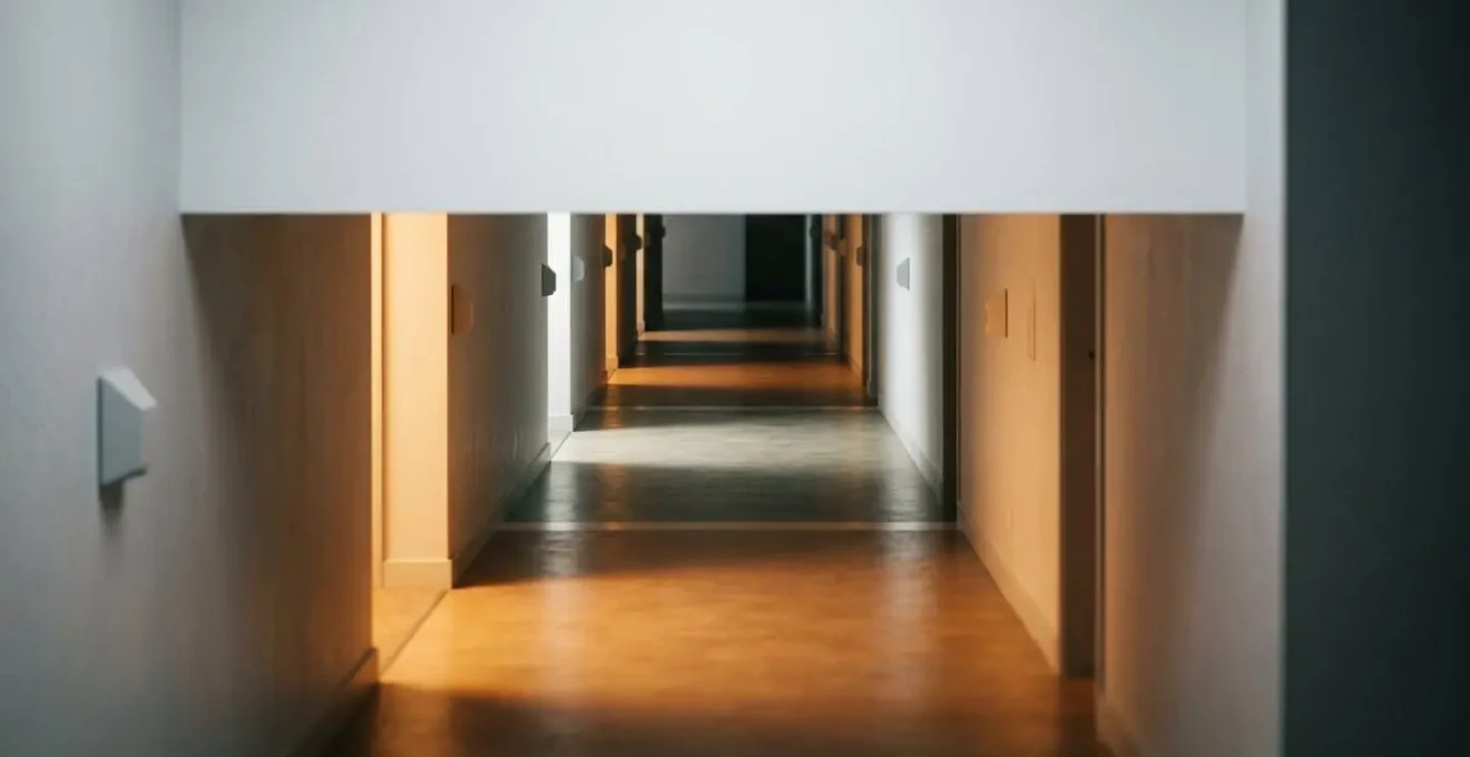 Système d'éclairage automatisé avec capteurs de mouvement créant un passage de relais lumineux progressif dans un couloir de nuit
