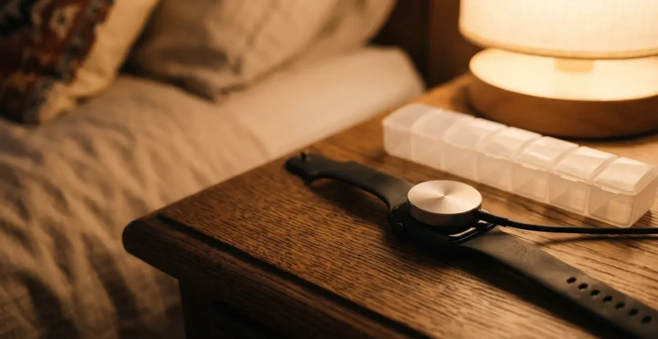 Gros plan sur un chargeur magnétique simple pour montre de téléassistance posé près de médicaments dans un intérieur français