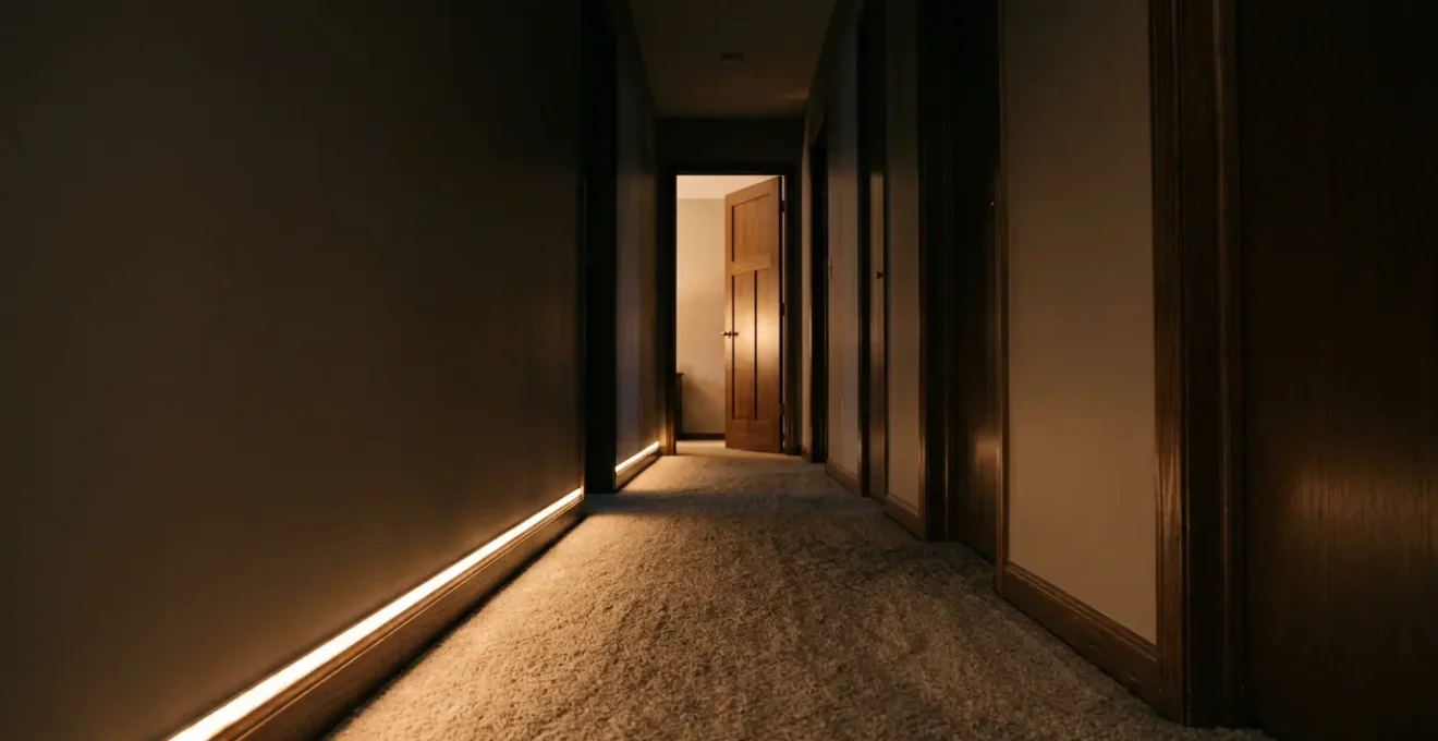 Chemin lumineux automatisé au sol dans une maison la nuit, éclairage indirect ambré rassurant pour déplacements nocturnes sécurisés