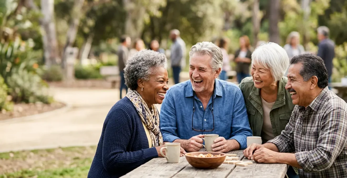 Groupe de personnes d'âge mûr partageant un moment convivial lors d'une activité associative en extérieur