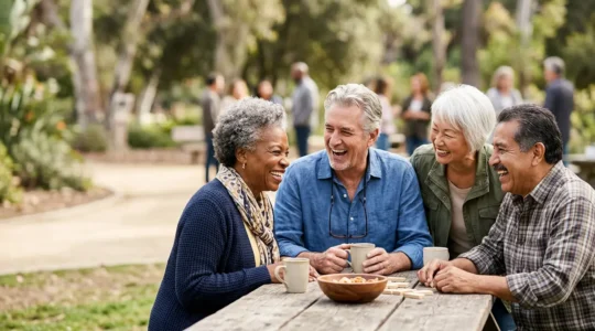 Groupe de personnes d'âge mûr partageant un moment convivial lors d'une activité associative en extérieur