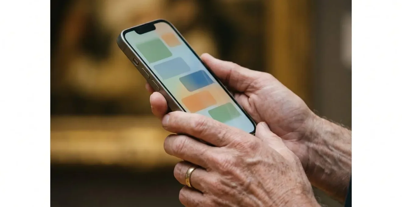 Gros plan sur des mains tenant un smartphone affichant une transcription en temps réel lors d'une visite guidée