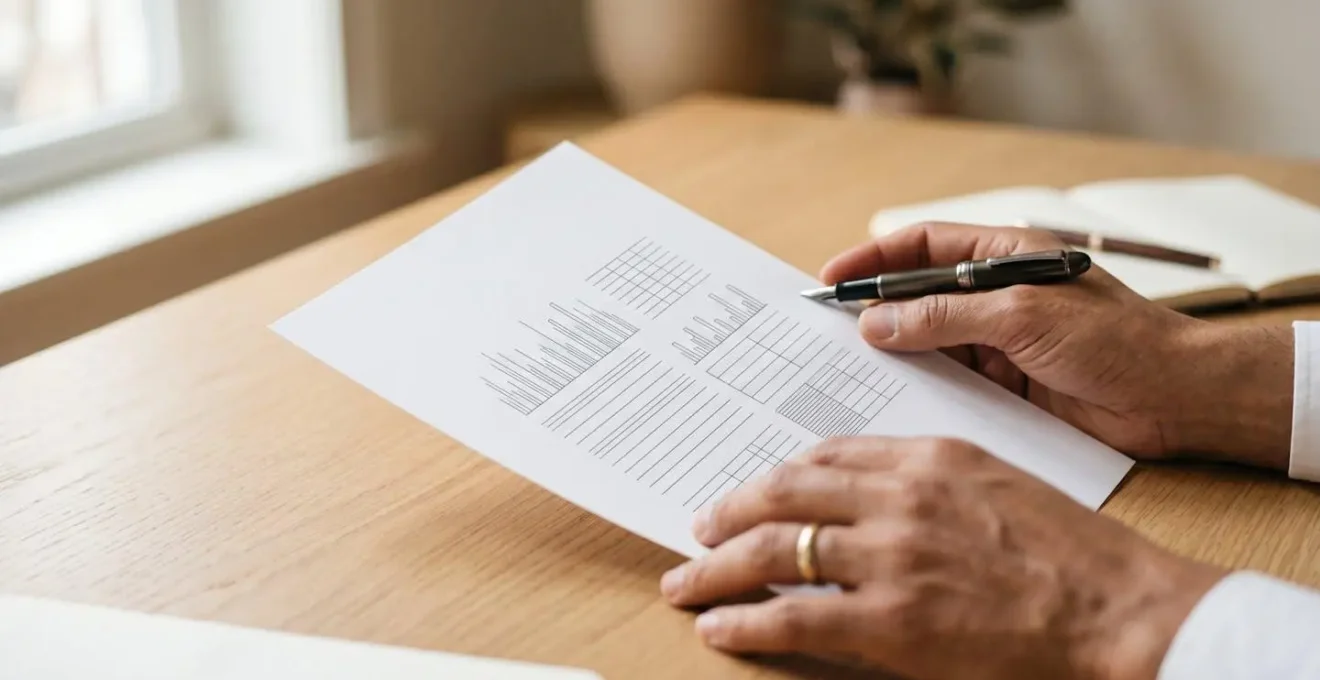 Mains tenant délicatement une feuille de soin avec stylo dans un environnement épuré