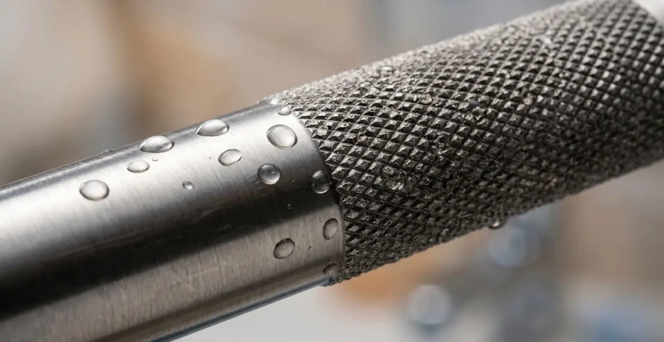 Gros plan macro sur la texture et le grain de différentes finitions de barres d'appui montrant les propriétés tactiles
