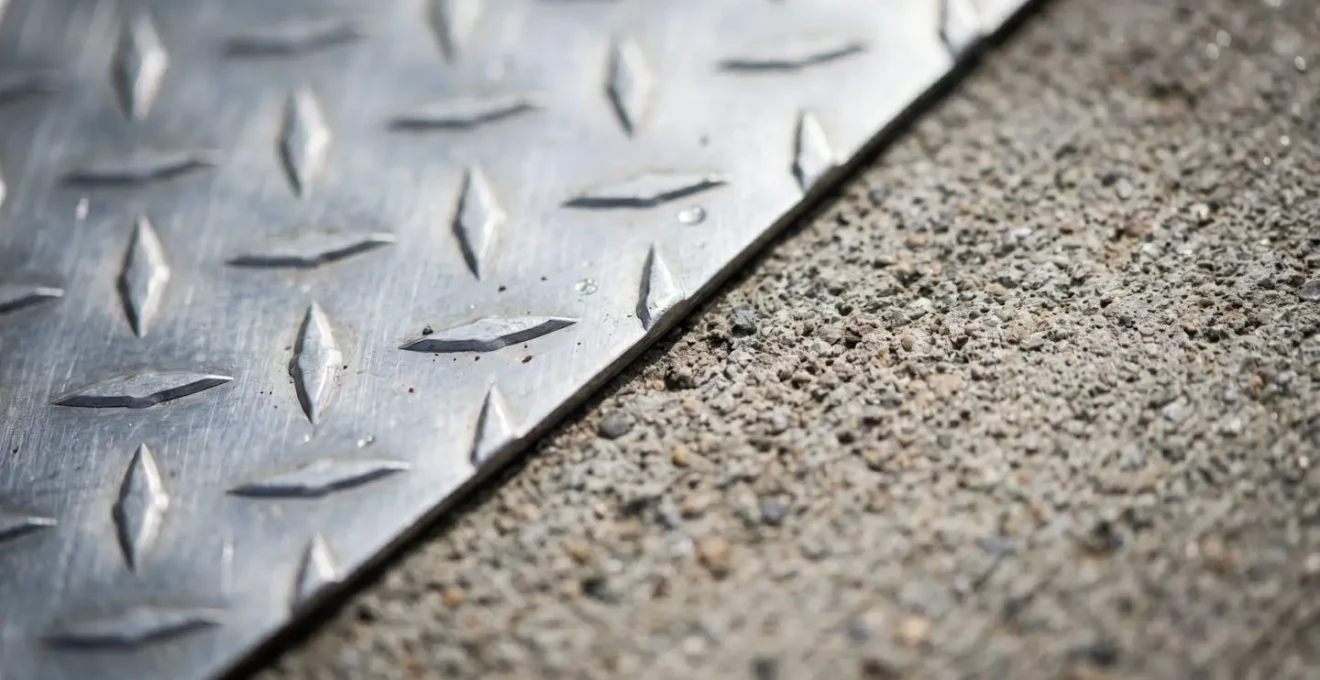 Gros plan sur les textures contrastées d'une rampe en aluminium et d'une surface en béton