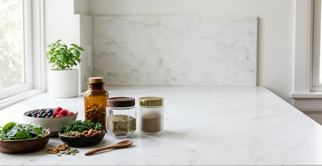 Composition éditoriale illustrant la santé et la vitalité après 60 ans avec compléments alimentaires