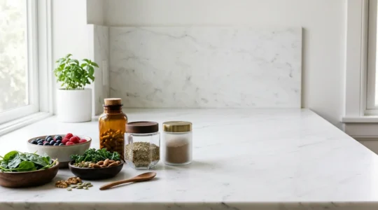 Composition éditoriale illustrant la santé et la vitalité après 60 ans avec compléments alimentaires