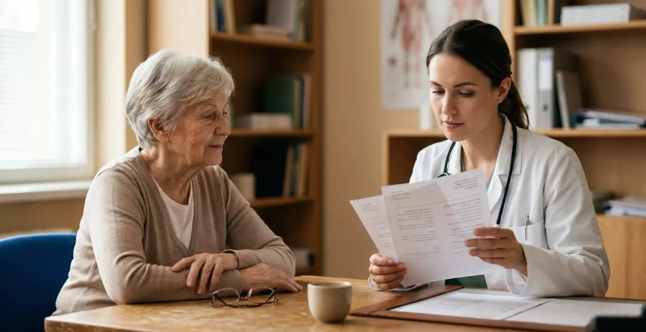 Un gériatre examinant attentivement une ordonnance médicale avec une personne âgée lors d'une consultation, symbolisant l'approche globale de la gériatrie.