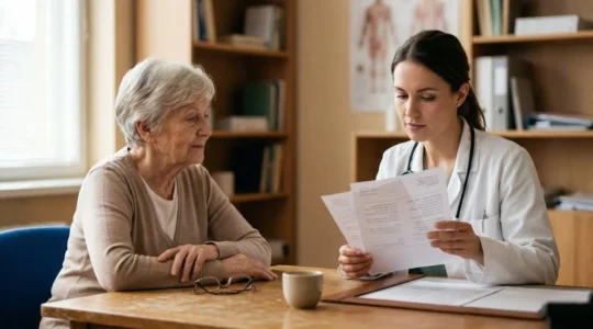 Un gériatre examinant attentivement une ordonnance médicale avec une personne âgée lors d'une consultation, symbolisant l'approche globale de la gériatrie.