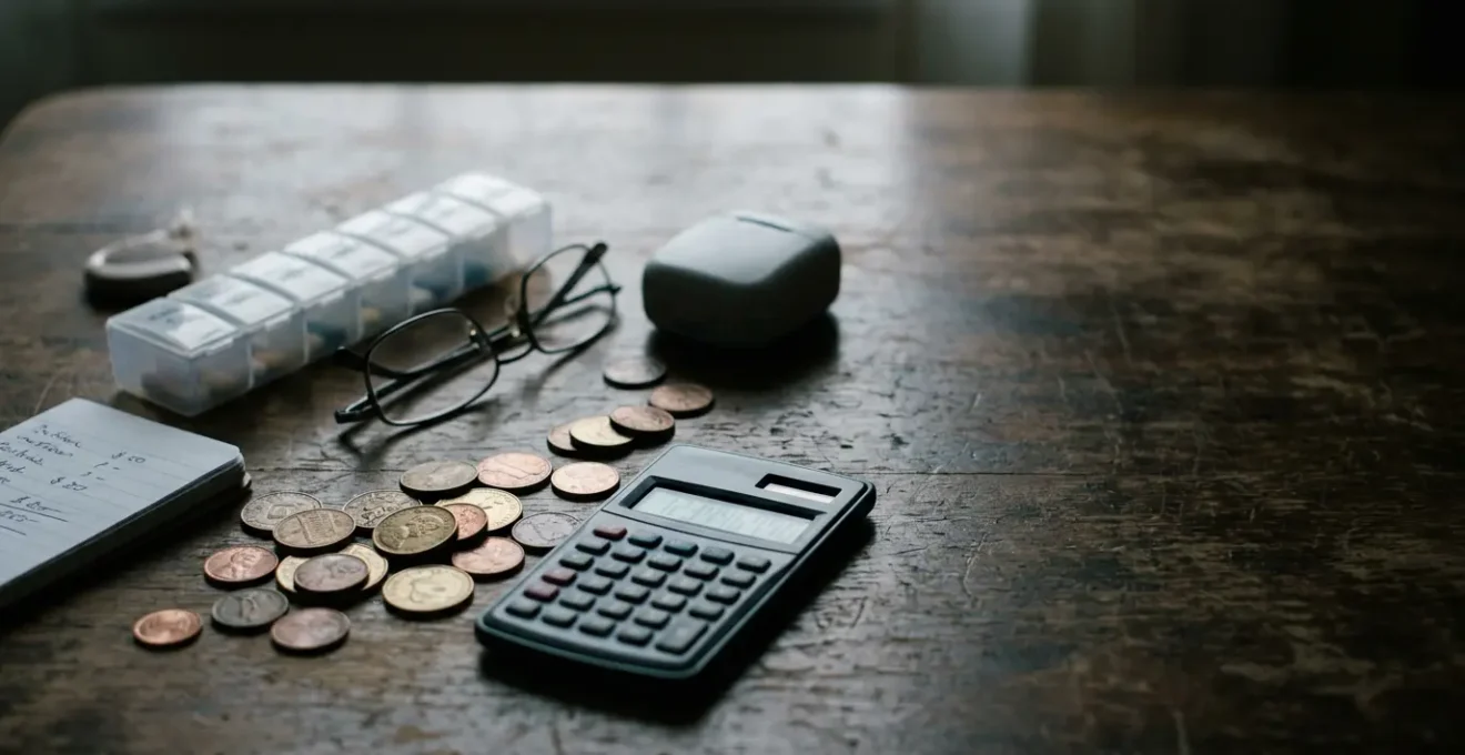 Concept visuel représentant la budgétisation des frais de santé pour seniors avec des éléments symboliques de soins médicaux et de finances