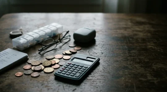 Concept visuel représentant la budgétisation des frais de santé pour seniors avec des éléments symboliques de soins médicaux et de finances