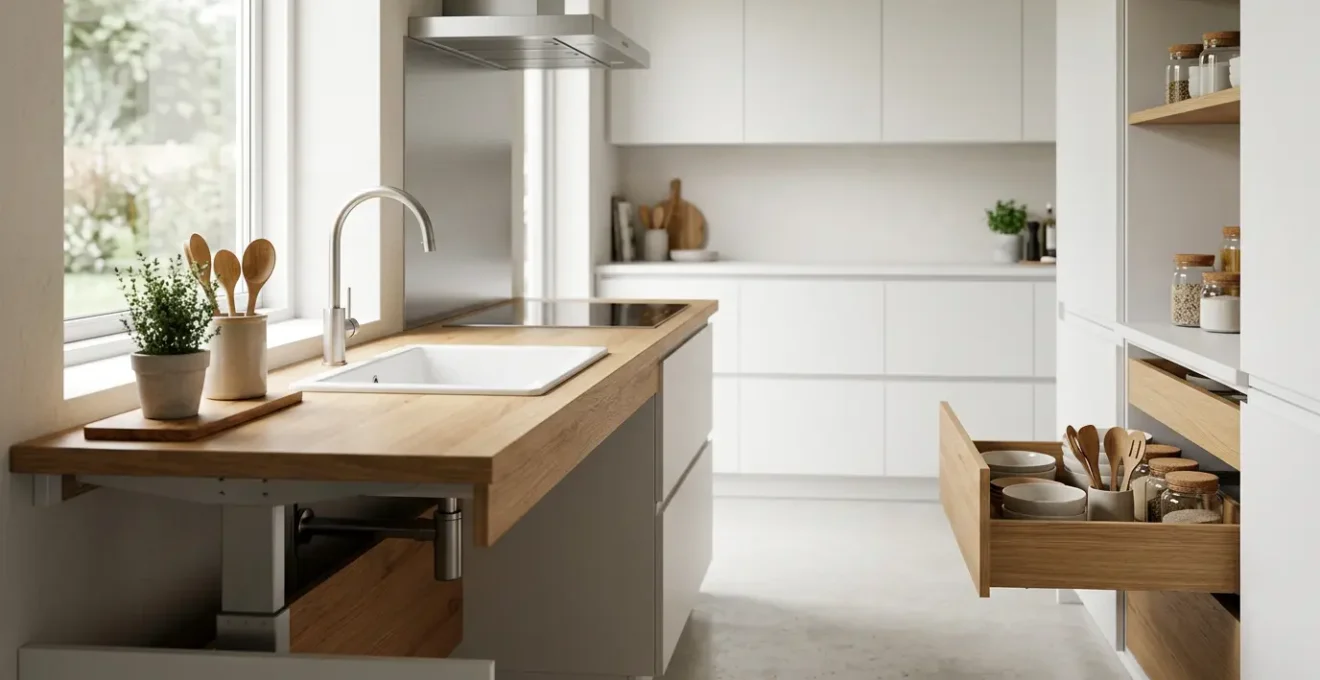 Cuisine moderne avec plan de travail à hauteur variable et rangements accessibles en position assise