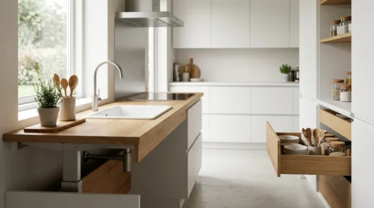 Cuisine moderne avec plan de travail à hauteur variable et rangements accessibles en position assise