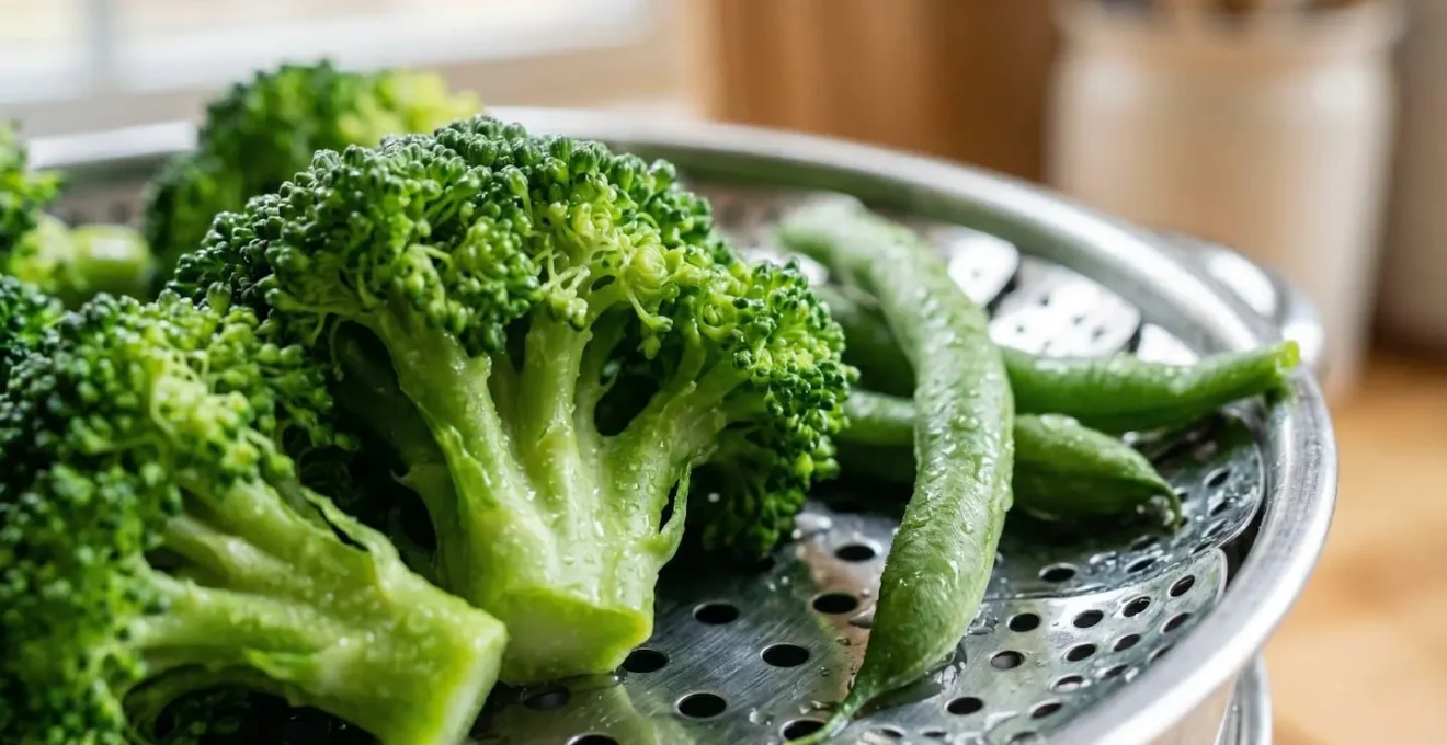 Gros plan sur des légumes verts fraîchement cuits à la vapeur dans un panier vapeur, mettant en évidence leur texture croquante et leur couleur vive préservée