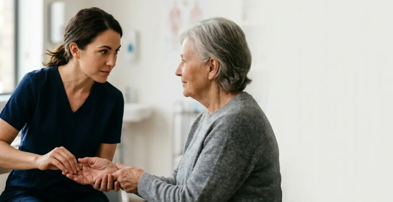Professionnel de santé évaluant l'état nutritionnel d'une personne âgée dans un environnement médical