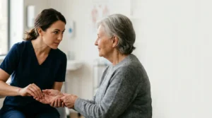 Professionnel de santé évaluant l'état nutritionnel d'une personne âgée dans un environnement médical