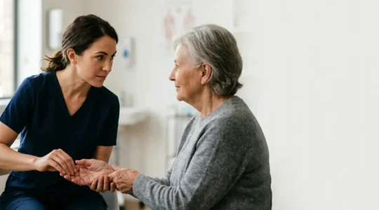 Professionnel de santé évaluant l'état nutritionnel d'une personne âgée dans un environnement médical