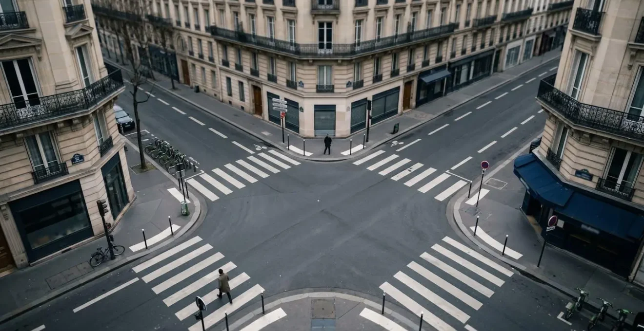Vue en plongée d'un carrefour urbain français avec signalisation de rue, évoquant la navigation spatiale et l'orientation