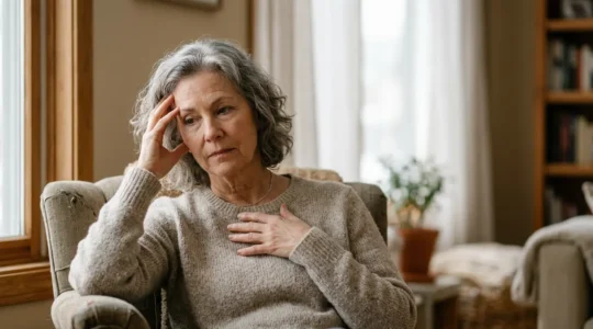 Personne senior dans un moment de réflexion face à sa santé, symbolisant la prise de conscience des signaux du corps