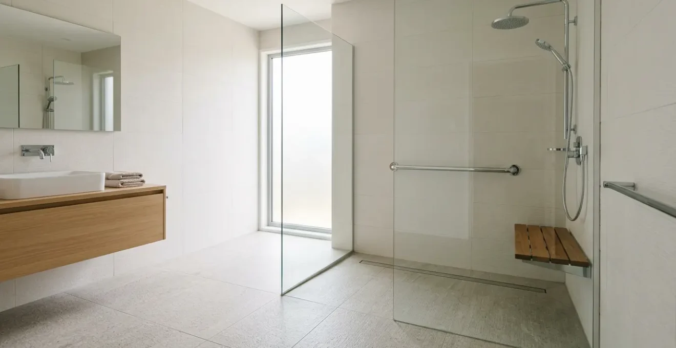 Douche à l'italienne moderne avec receveur de plain-pied et parois vitrées dans salle de bain sécurisée