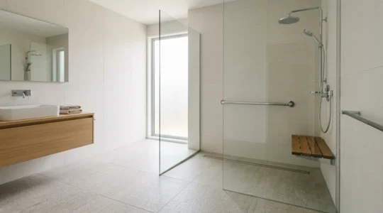 Douche à l'italienne moderne avec receveur de plain-pied et parois vitrées dans salle de bain sécurisée