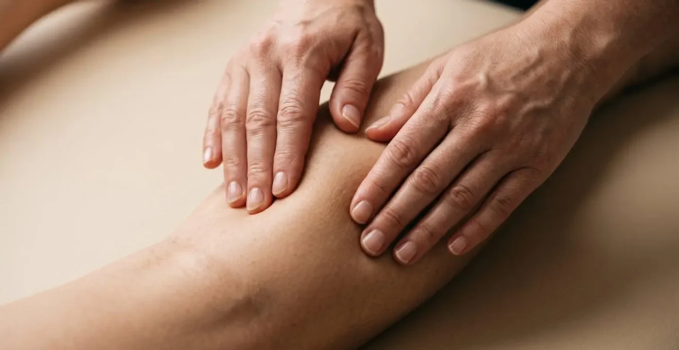 Gros plan de mains effectuant un mouvement de drainage lymphatique doux sur une jambe