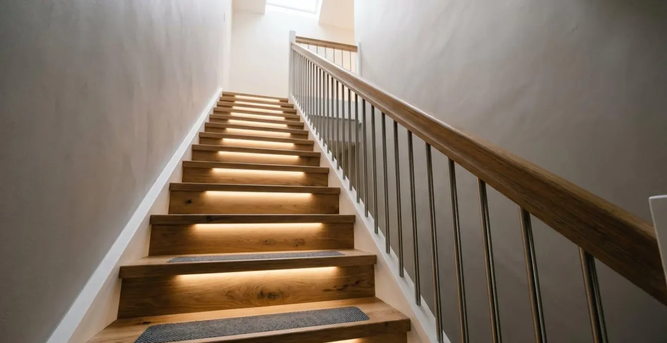 Vue en contre-plongée d'un escalier résidentiel sécurisé avec rampe robuste et éclairage doux intégré aux marches