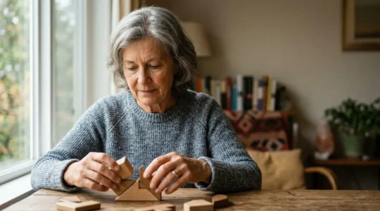 Personne senior concentrée pratiquant un exercice mental, expression de réflexion intense dans un environnement lumineux naturel