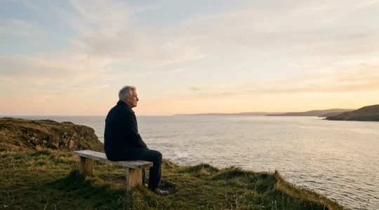 Personne senior contemplant un horizon calme symbolisant la transition vers la retraite et l'équilibre psychologique