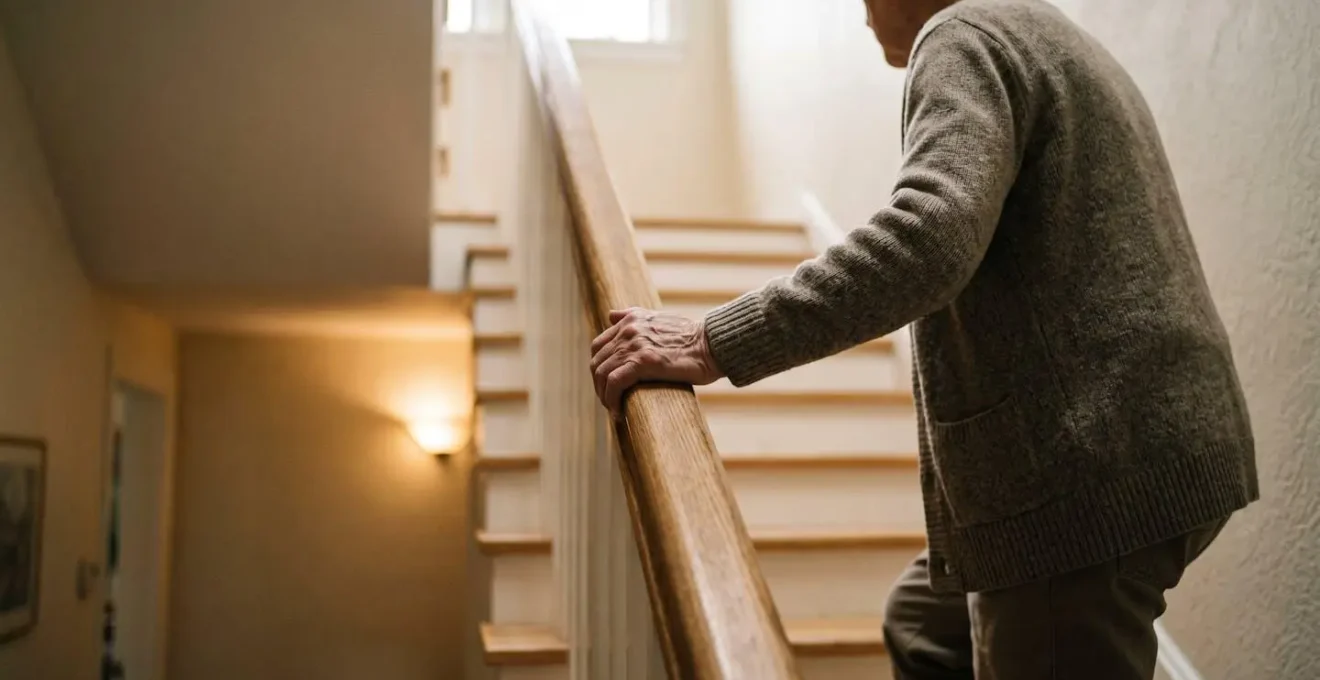 Escalier intérieur avec rampes des deux côtés et éclairage optimal démontrant l'accessibilité sécurisée