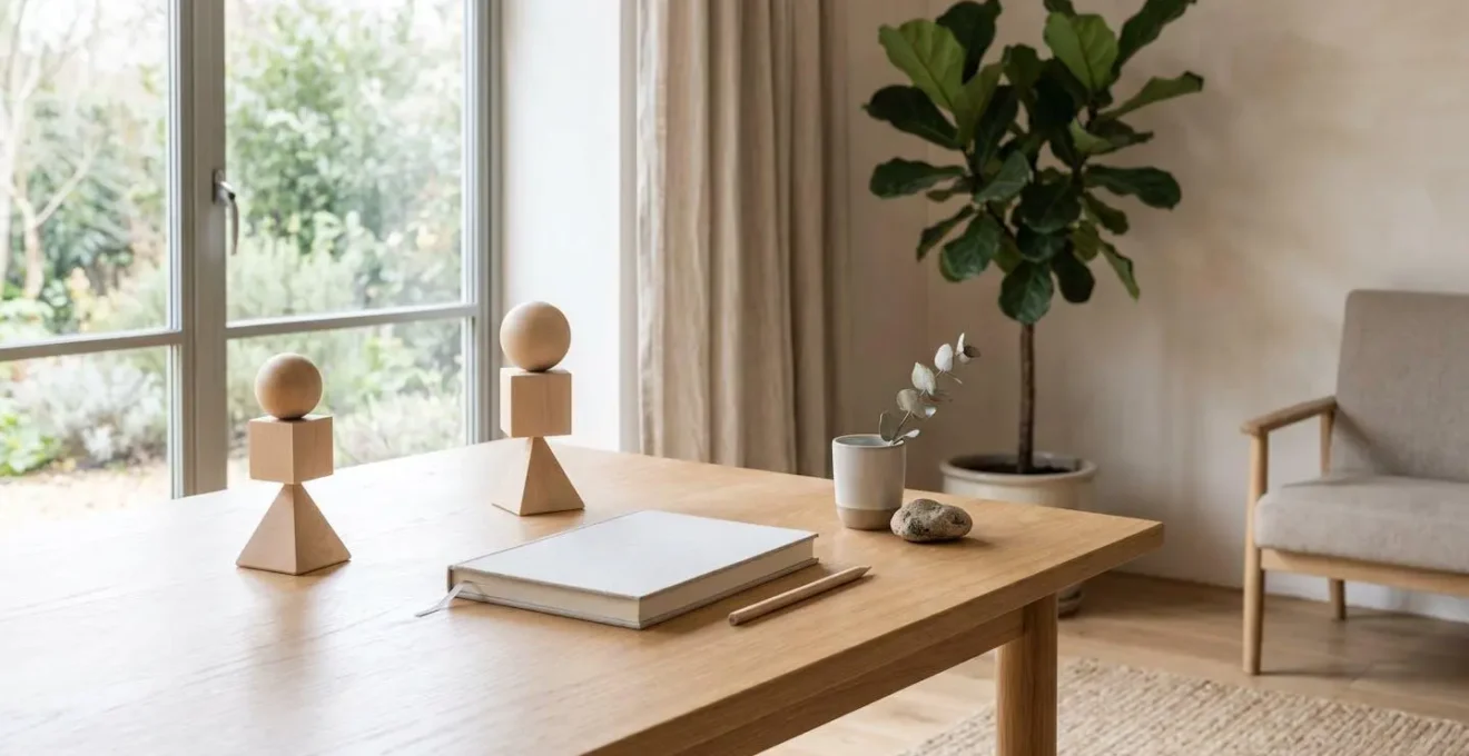 Arrangement minimaliste d'objets du quotidien transformés en outils d'exercice mental, composition épurée avec espace négatif